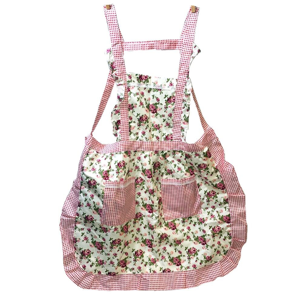 Teen Apron Raylinedo Junior Pink White Double Pocket Full Floral Gingham Ruffle